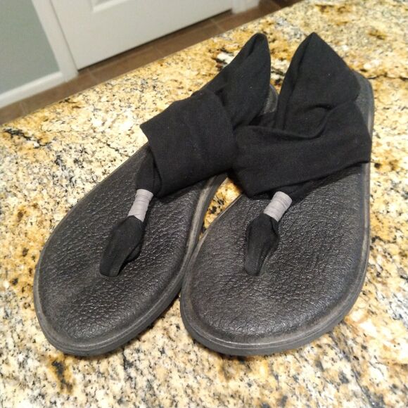 Sanuk Yoga Mat Black Fabric Flip Flop Sling Back Thong Sandals Women's Size 7 - Picture 1 of 6
